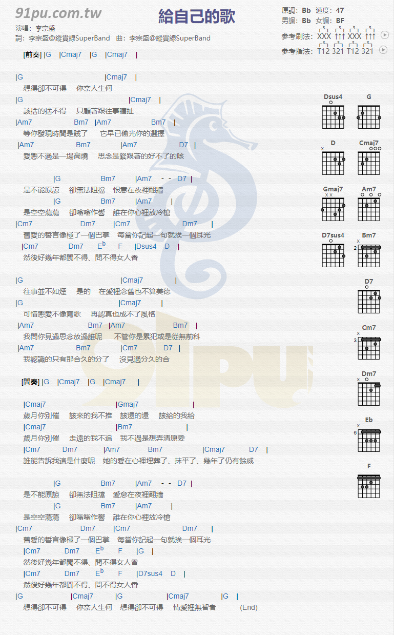 李宗盛《给自己的歌》吉他谱(B调)-Guitar Music Score