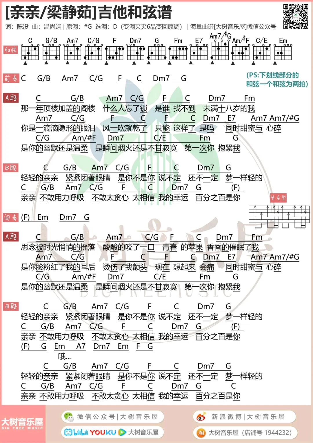 梁静茹《亲亲》吉他谱(D调)-Guitar Music Score