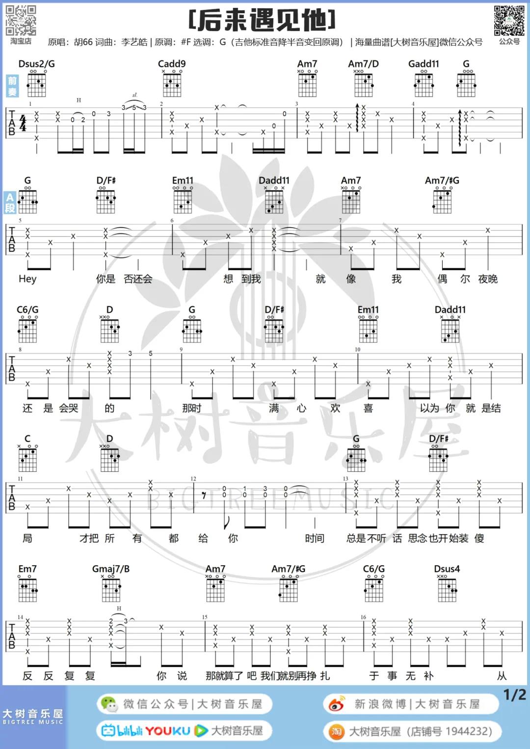 胡66《后来遇见他》吉他谱(G调)-Guitar Music Score