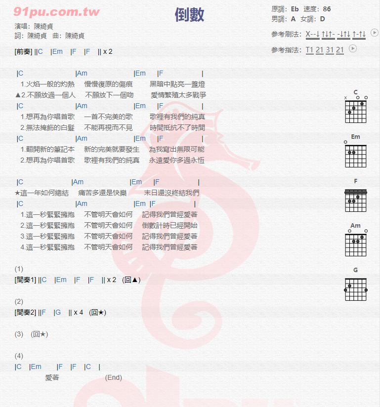 陈绮贞《倒数》吉他谱(E调)-Guitar Music Score