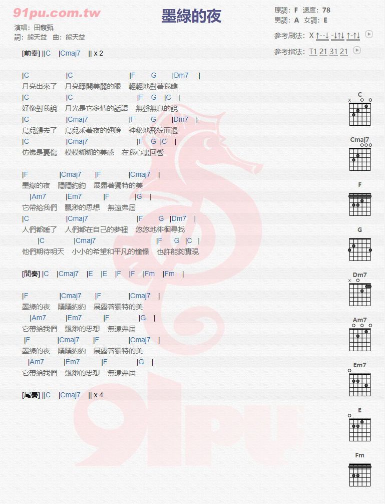田馥甄《墨绿的夜》吉他谱(F调)-Guitar Music Score