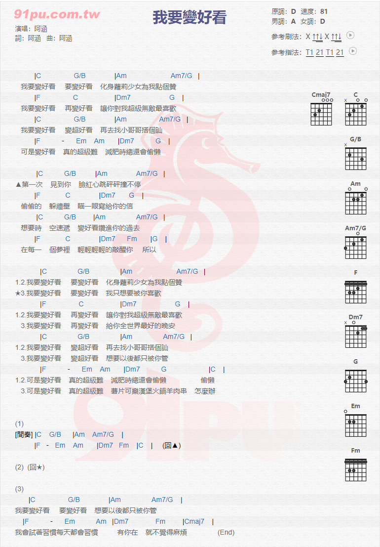 阿涵《我要变好看》吉他谱(D调)-Guitar Music Score