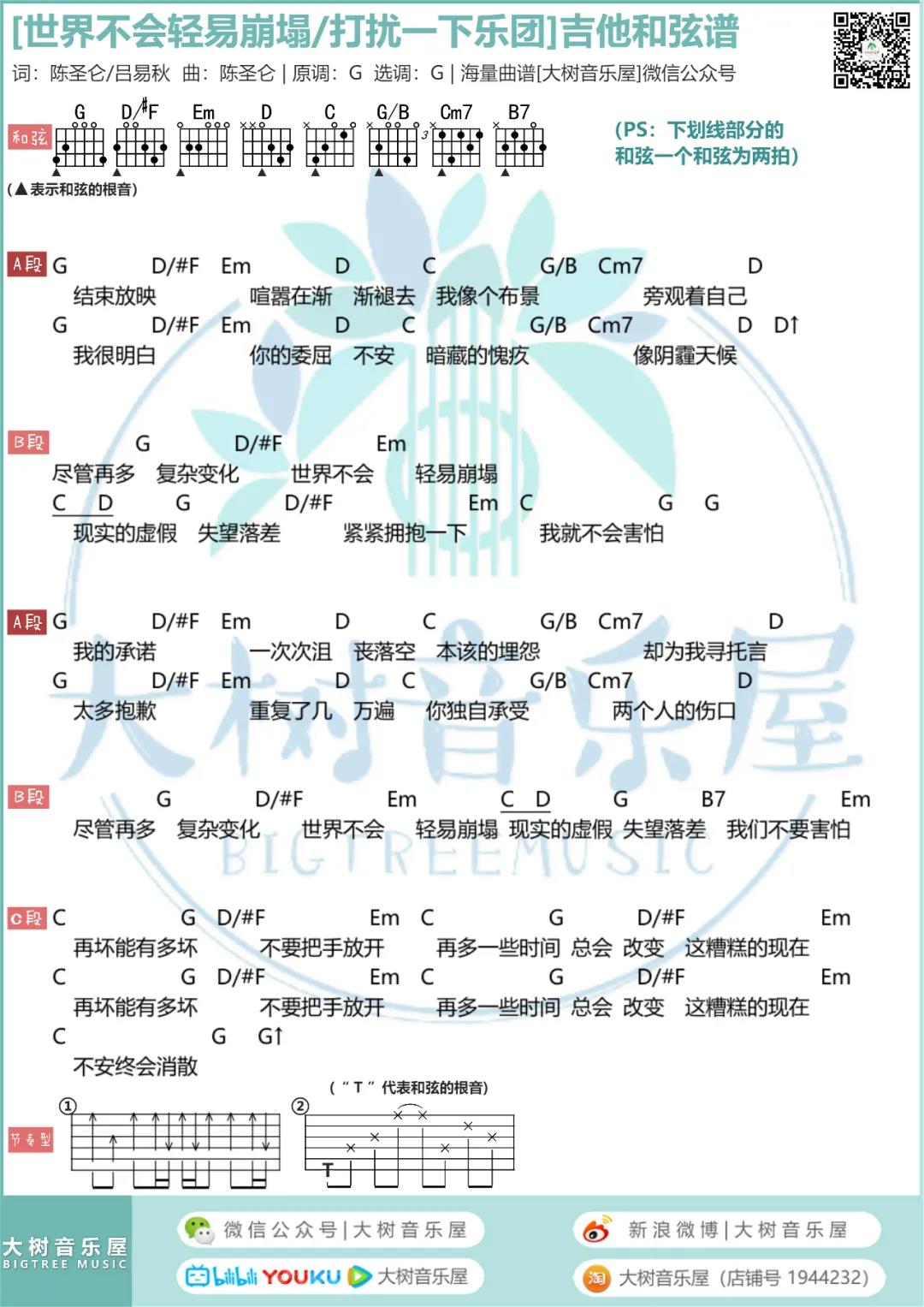 打扰一下《世界不会轻易崩塌》吉他谱(G调)-Guitar Music Score