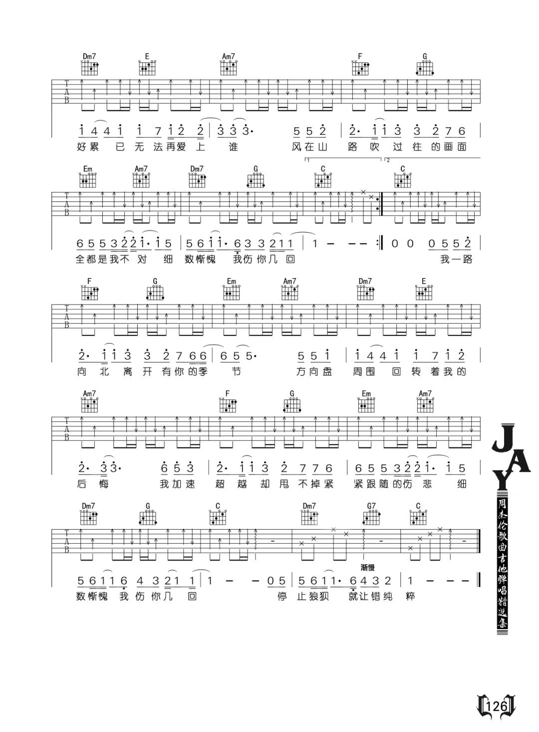 周杰伦《一路向北》吉他谱(F调)-Guitar Music Score