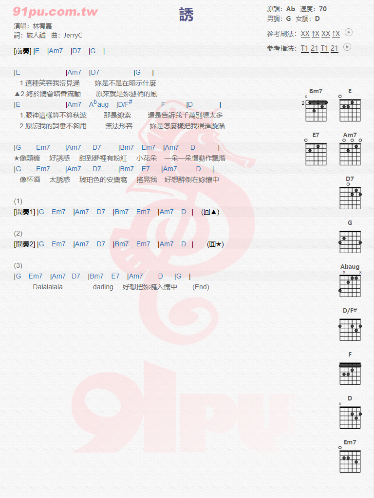 林宥嘉《诱》吉他谱(A调)-Guitar Music Score