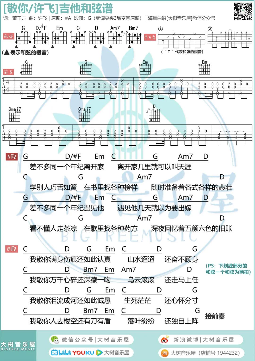 许飞《敬你》吉他谱(G调)-Guitar Music Score
