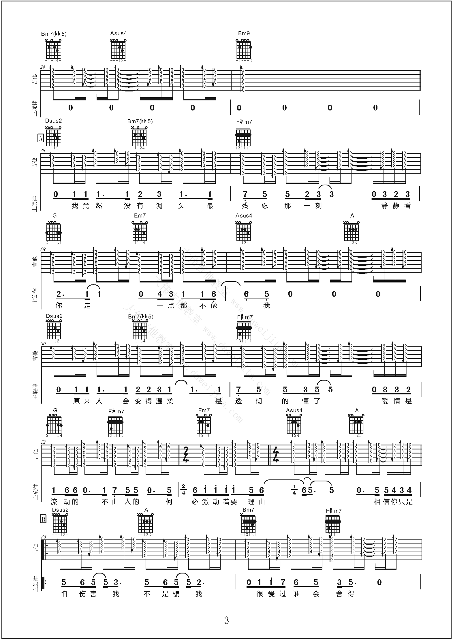 孙燕姿《开始懂了》吉他谱(D调)-Guitar Music Score