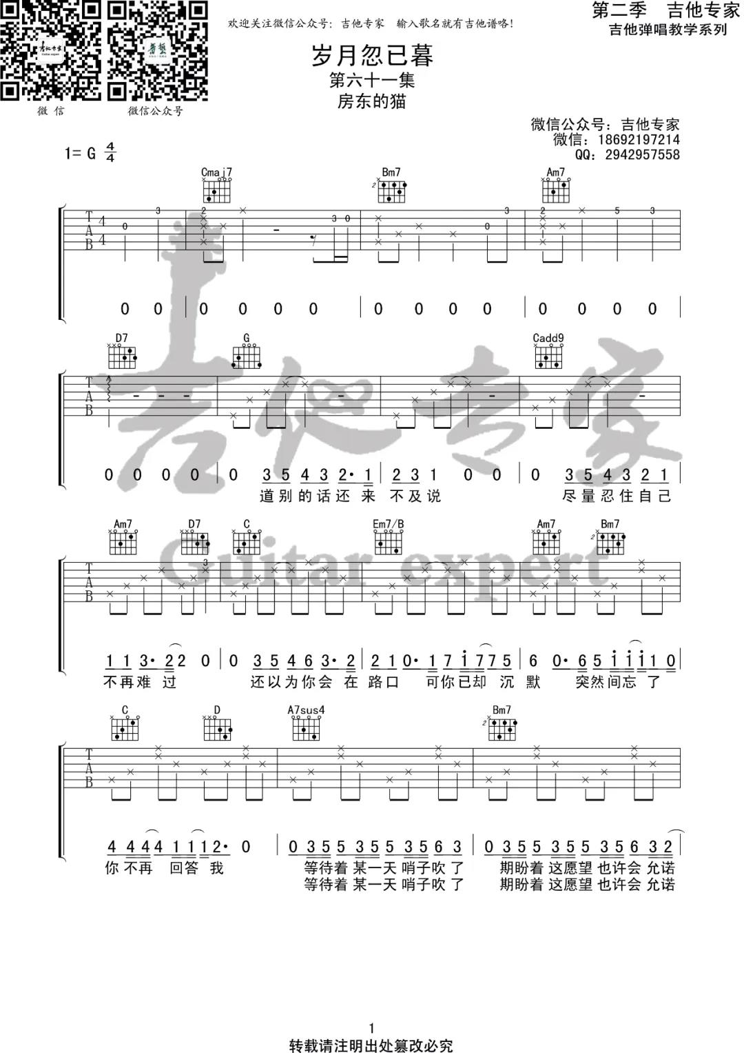 房东的猫《岁月忽已暮》吉他谱(G调)-Guitar Music Score