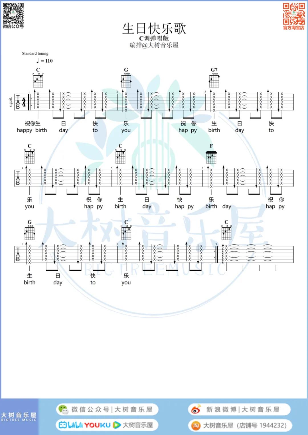 名曲《生日快乐》吉他谱(C调)-Guitar Music Score