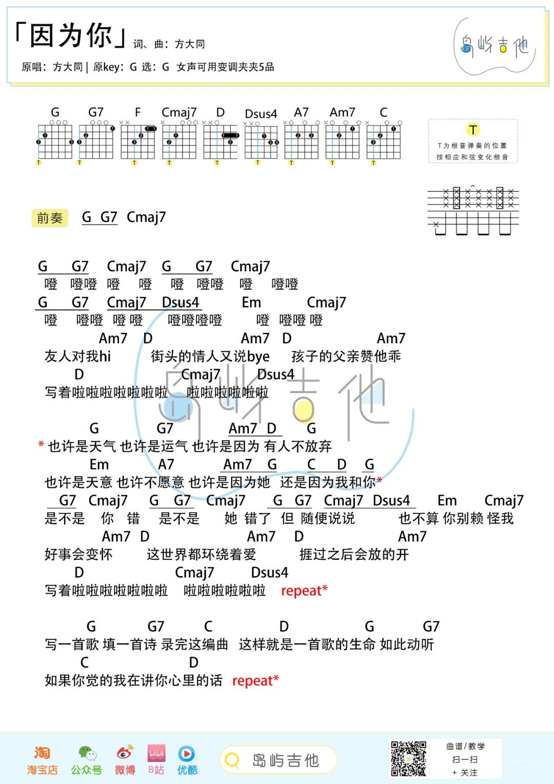 方大同《因为你》吉他谱(G调)-Guitar Music Score