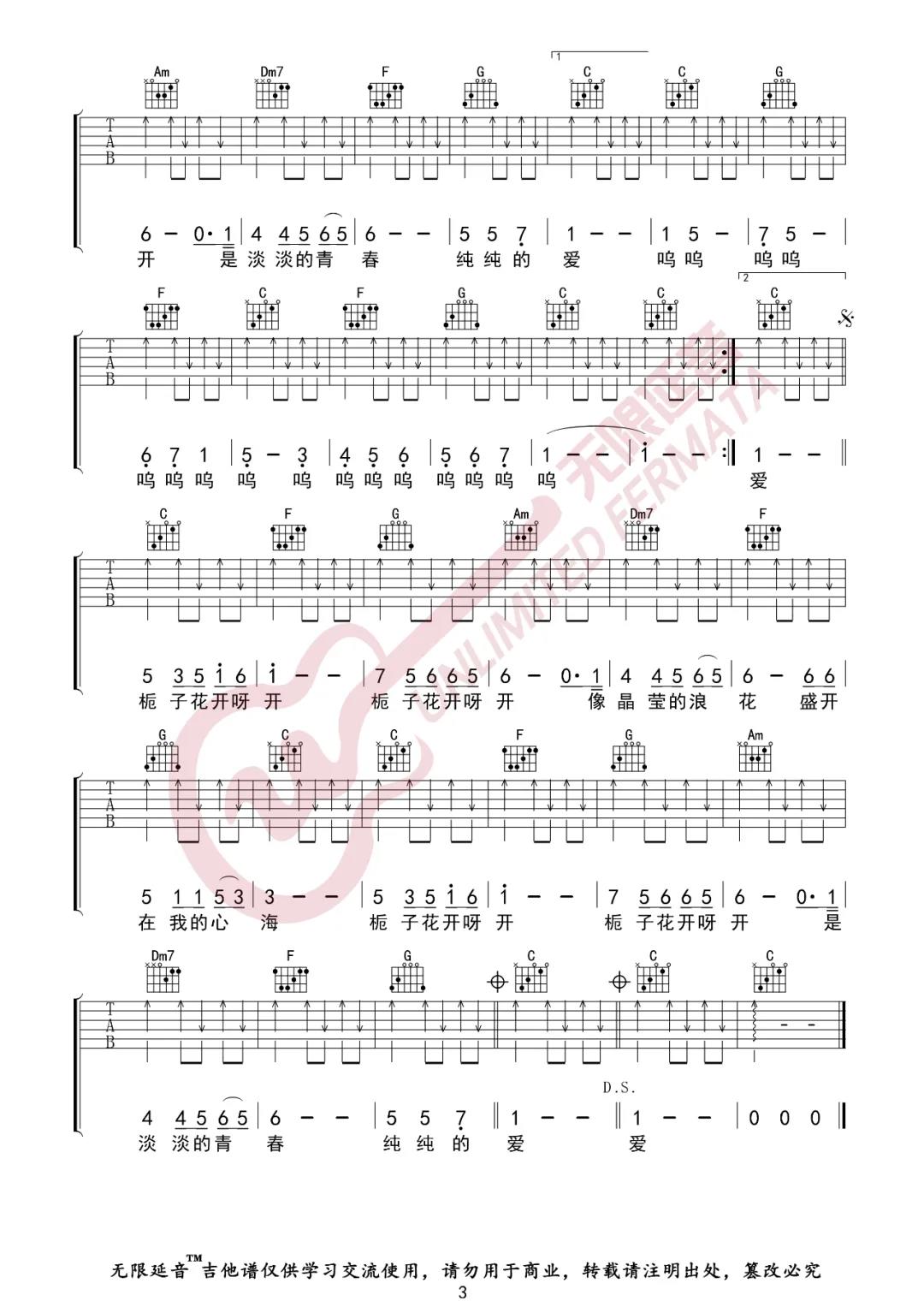 何炅《栀子花开》吉他谱(C调)-Guitar Music Score