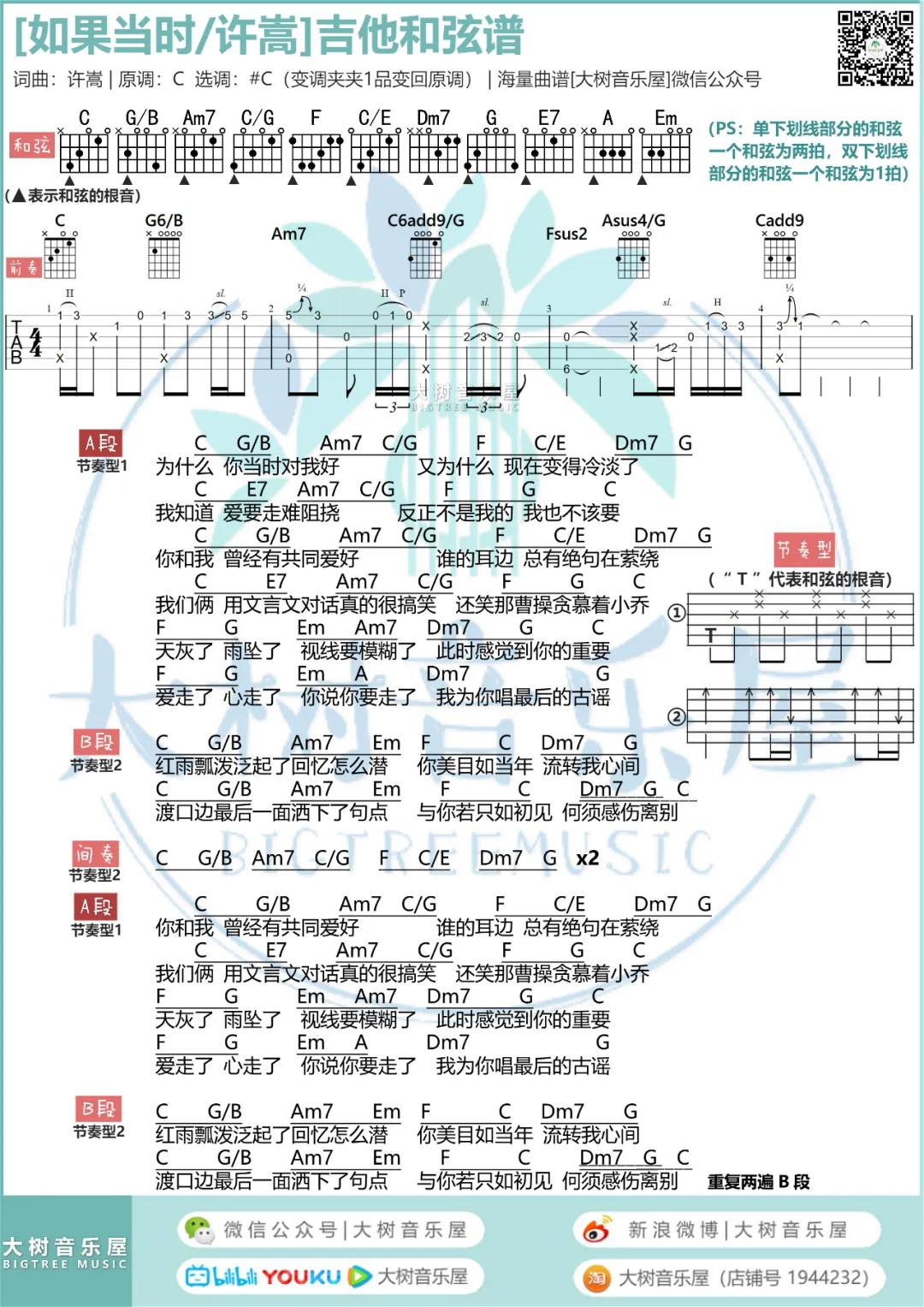 许嵩《如果当时》吉他谱(C调)-Guitar Music Score