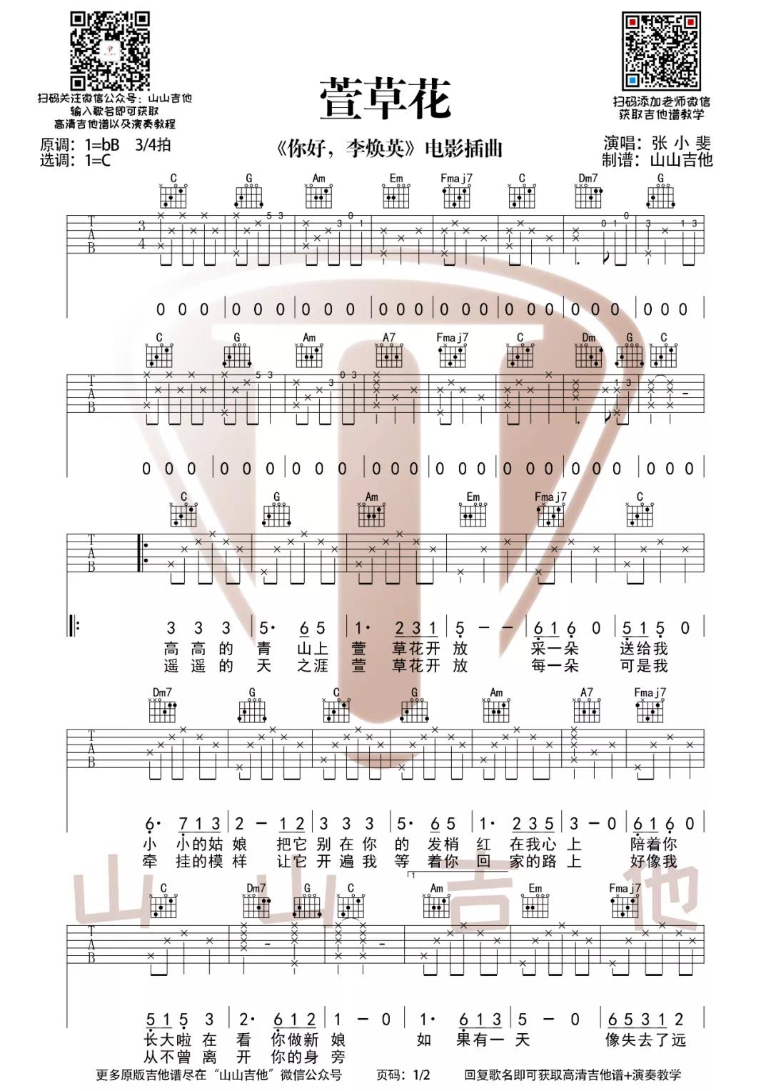 张小斐《萱花草》吉他谱(C调)-Guitar Music Score