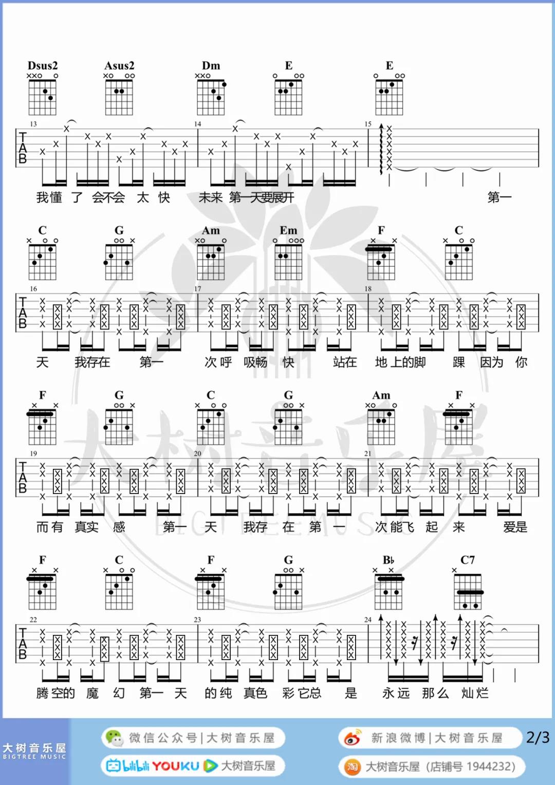孙燕姿《第一天》吉他谱(C调)-Guitar Music Score