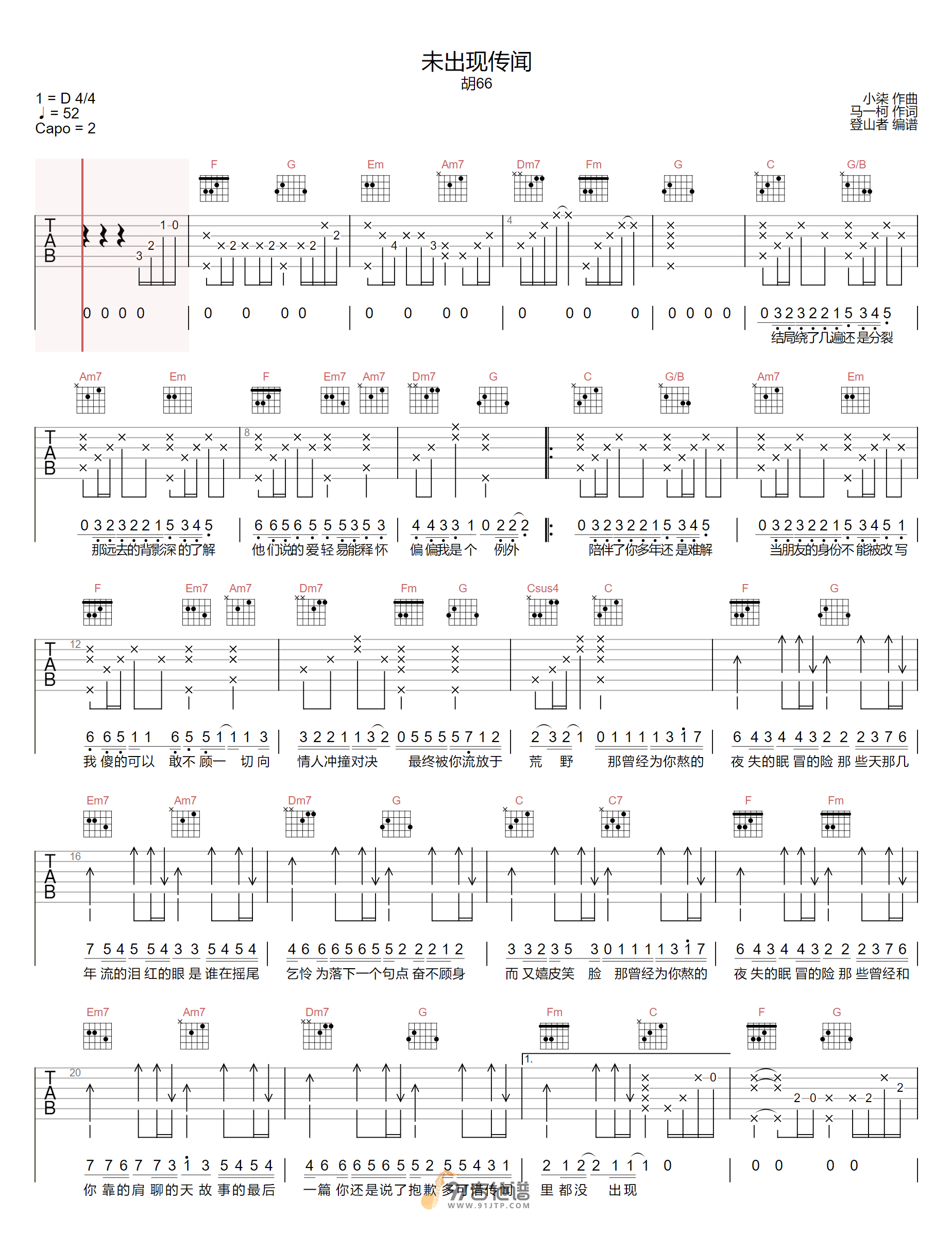 胡66-未出现传闻吉他谱1-C调指法