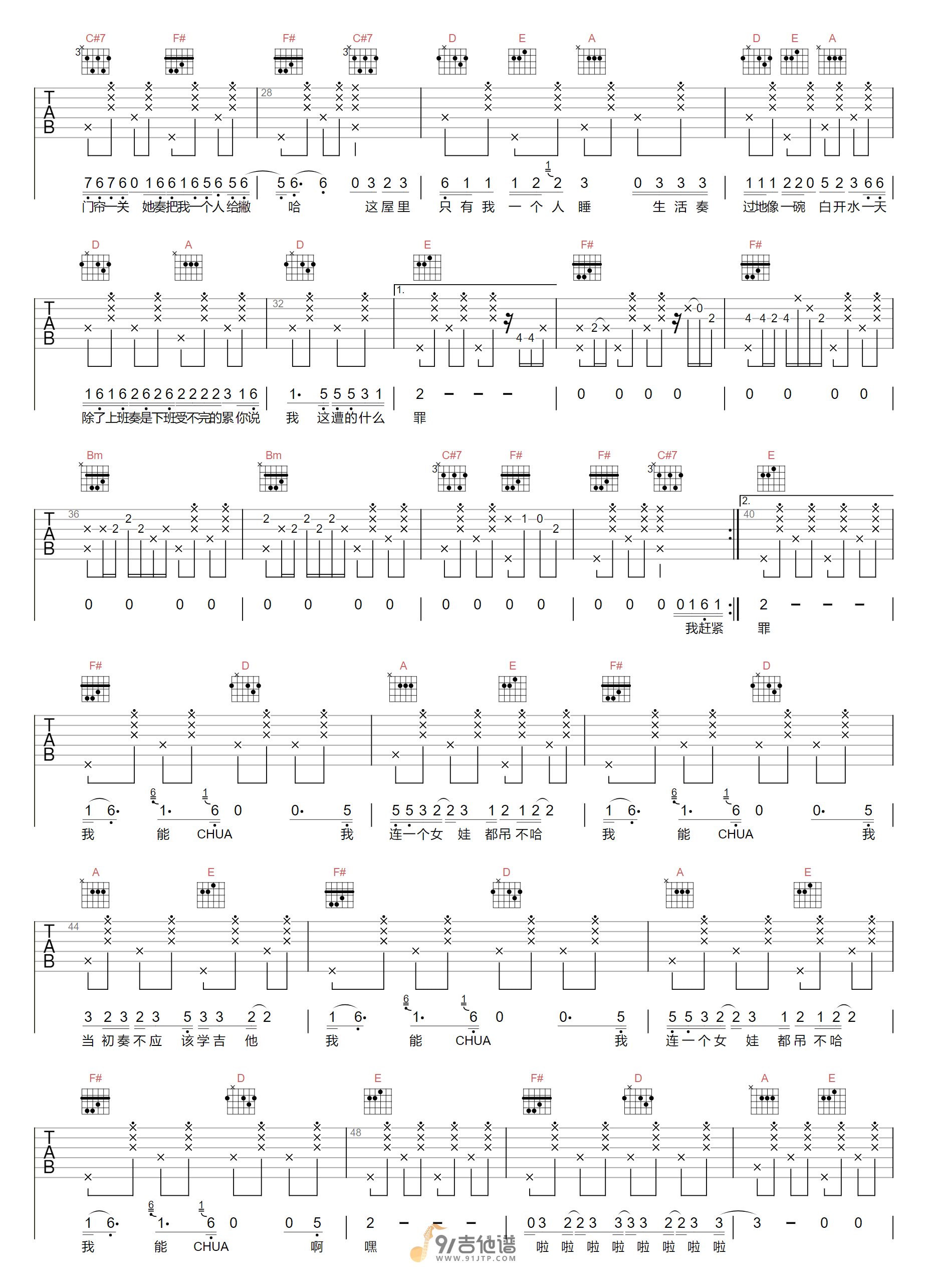 马飞-我能CHUA吉他谱2-G调指法