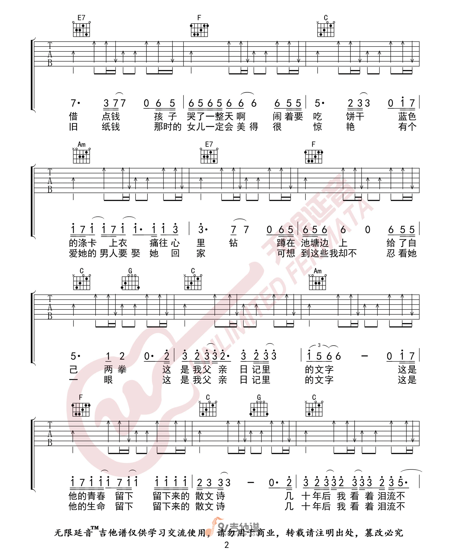 许飞-父亲写的散文诗吉他谱2-C调指法