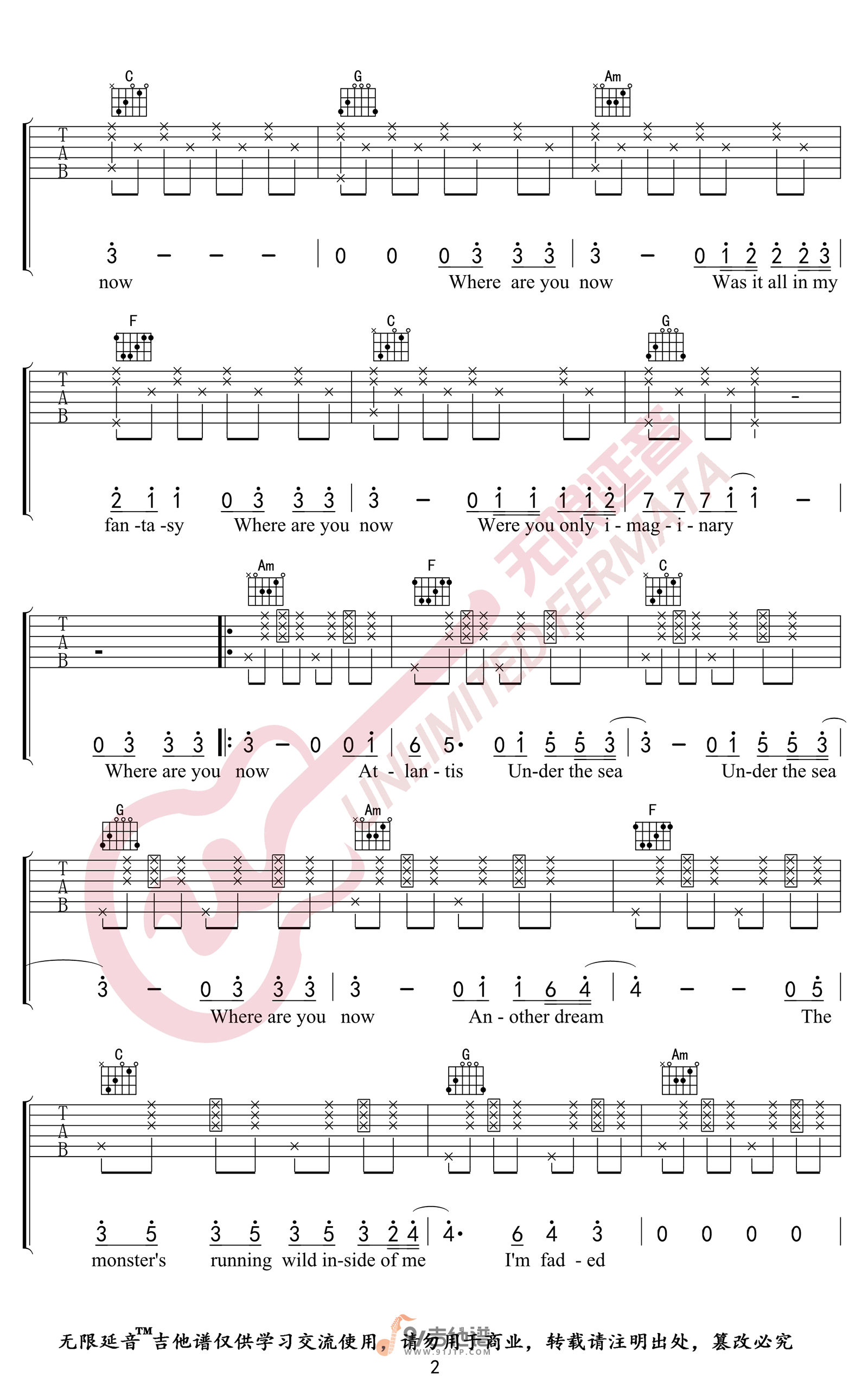 Alan-Walker-Faded吉他谱2-C调指法