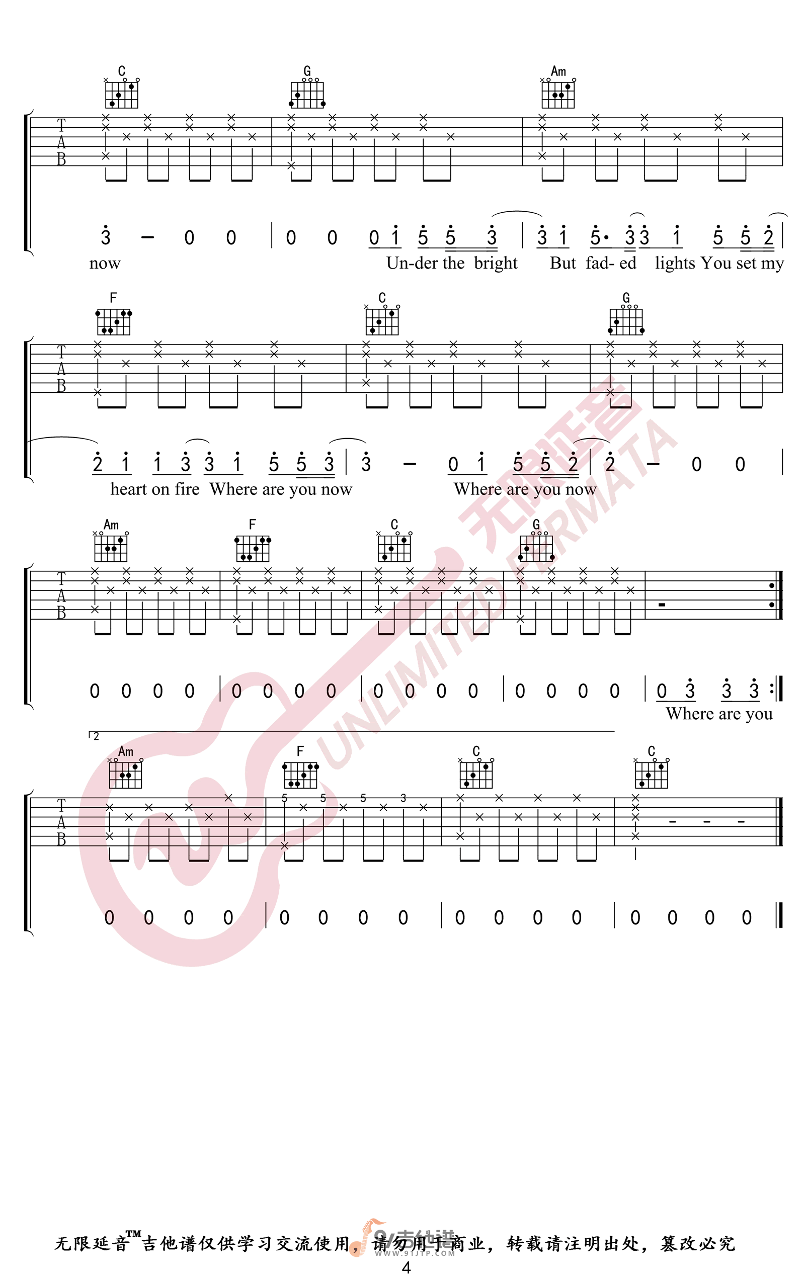 Alan-Walker-Faded吉他谱4-C调指法