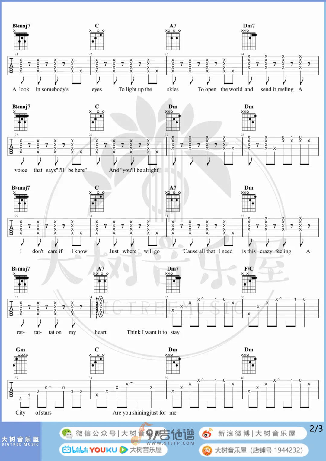 City-Of-Stars吉他谱2-D调指法