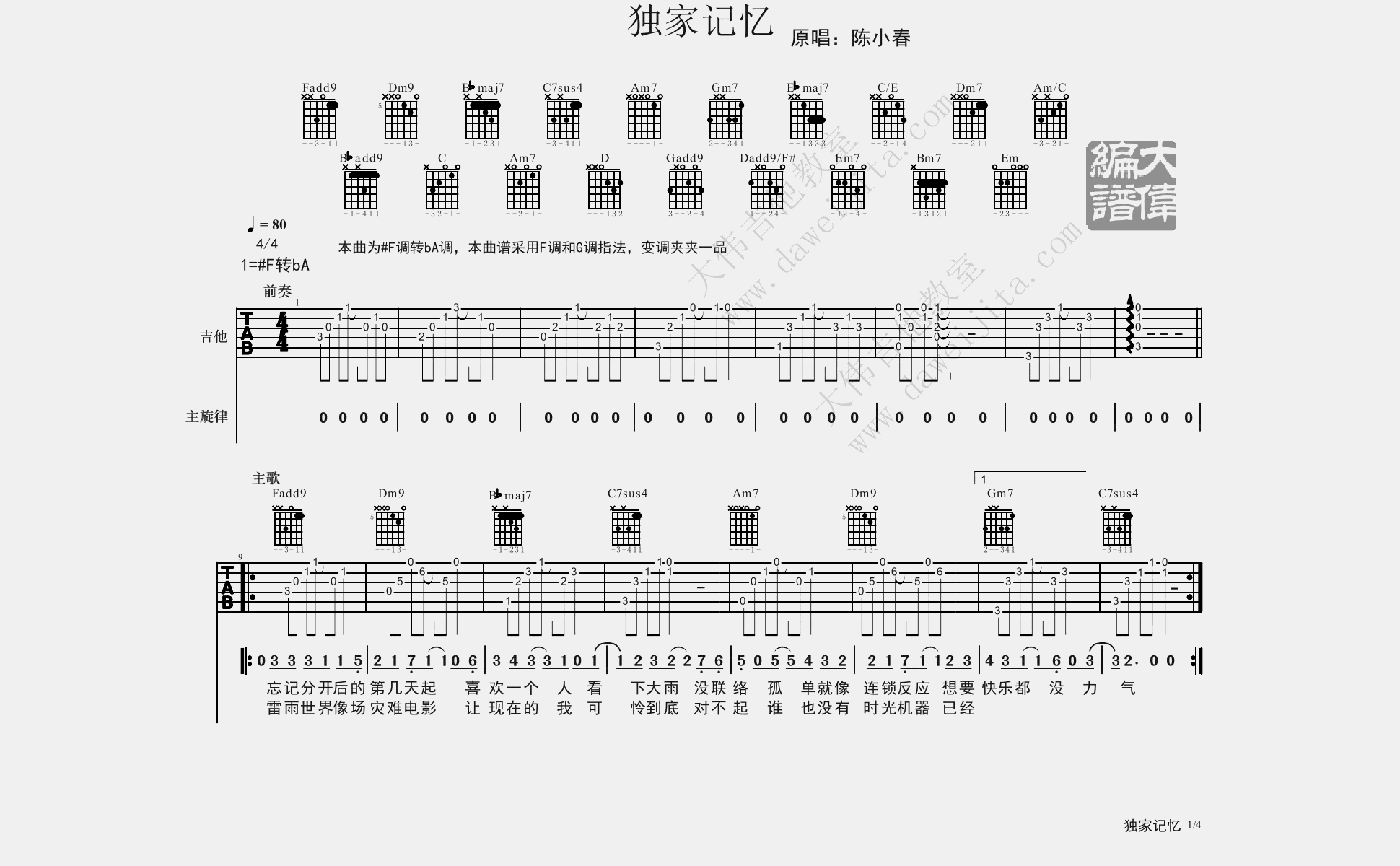 独家记忆吉他谱1-陈小春-F调指法
