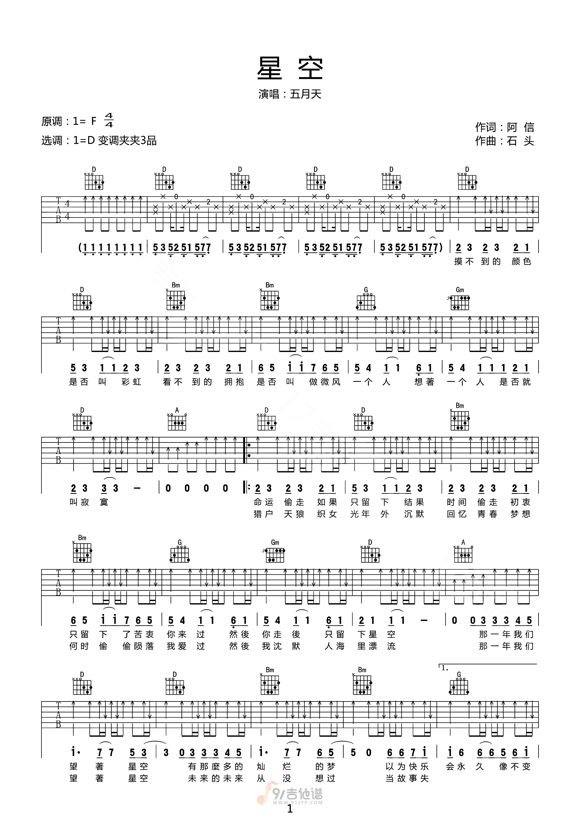 星空吉他谱1-五月天-D调指法