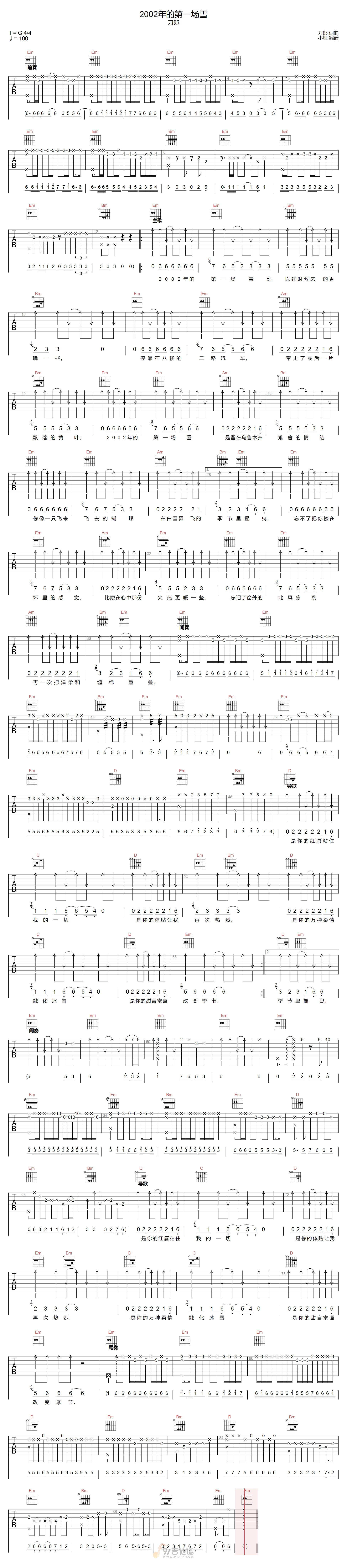 2002年的第一场雪吉他谱-刀郎-G调指法