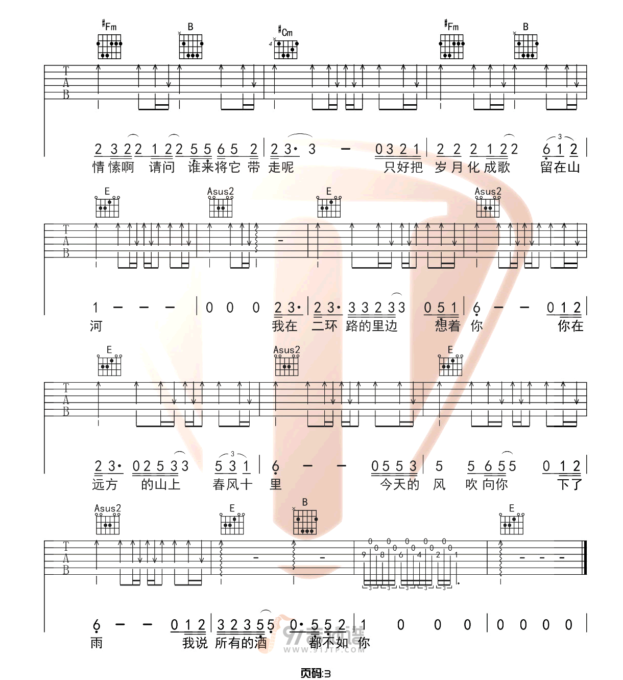 春风十里吉他谱3-鹿先森乐队-E调指法