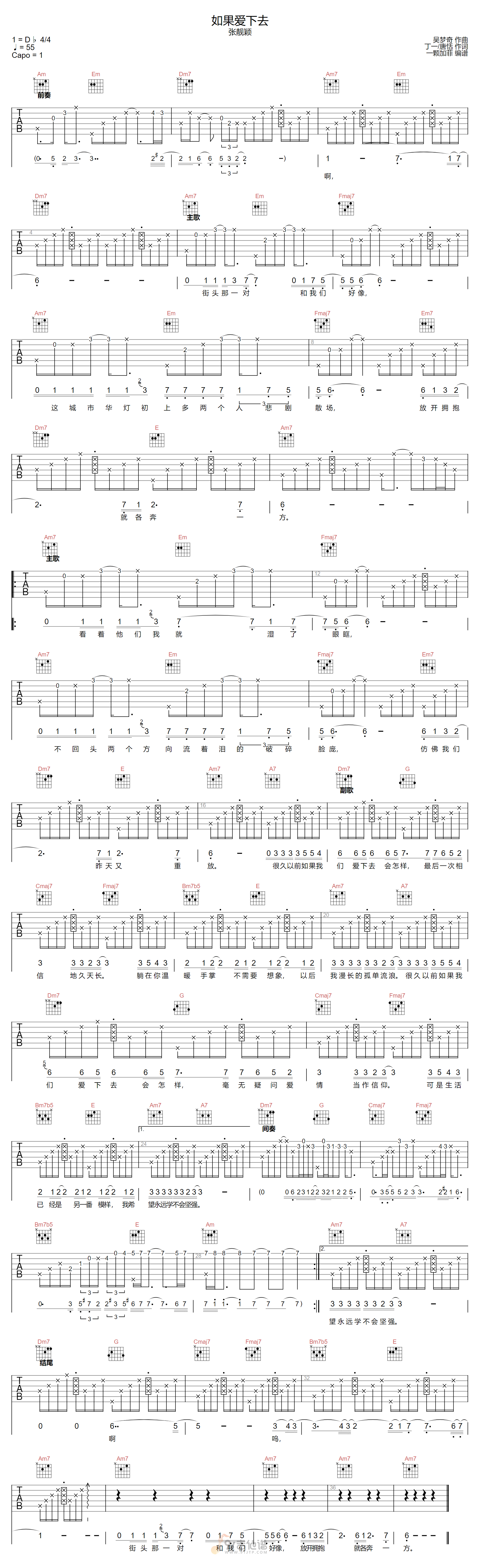 如果爱下去吉他谱-张靓颖-C调指法