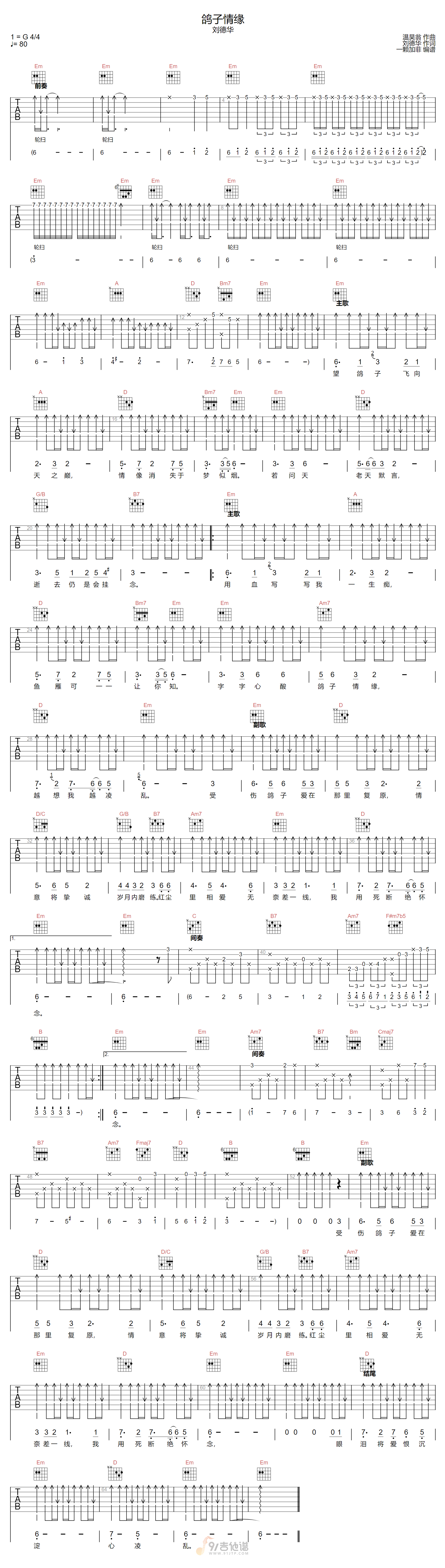 鸽子情缘吉他谱-刘德华-G调指法