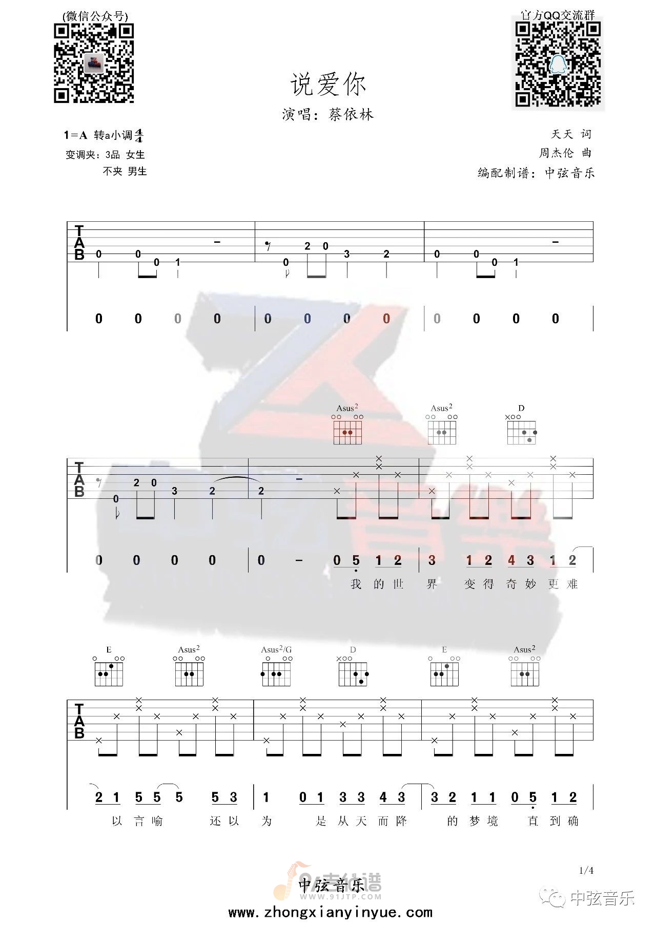 说爱你吉他谱1-蔡依林-C调指法