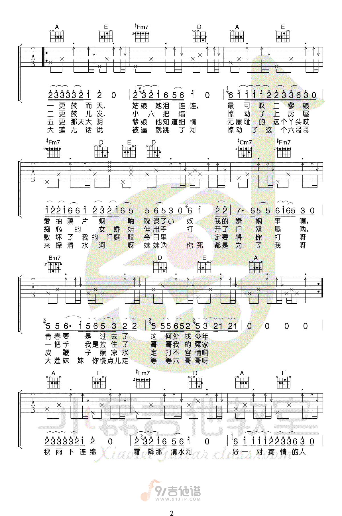 探清水河吉他谱2-晓月老板-A调指法