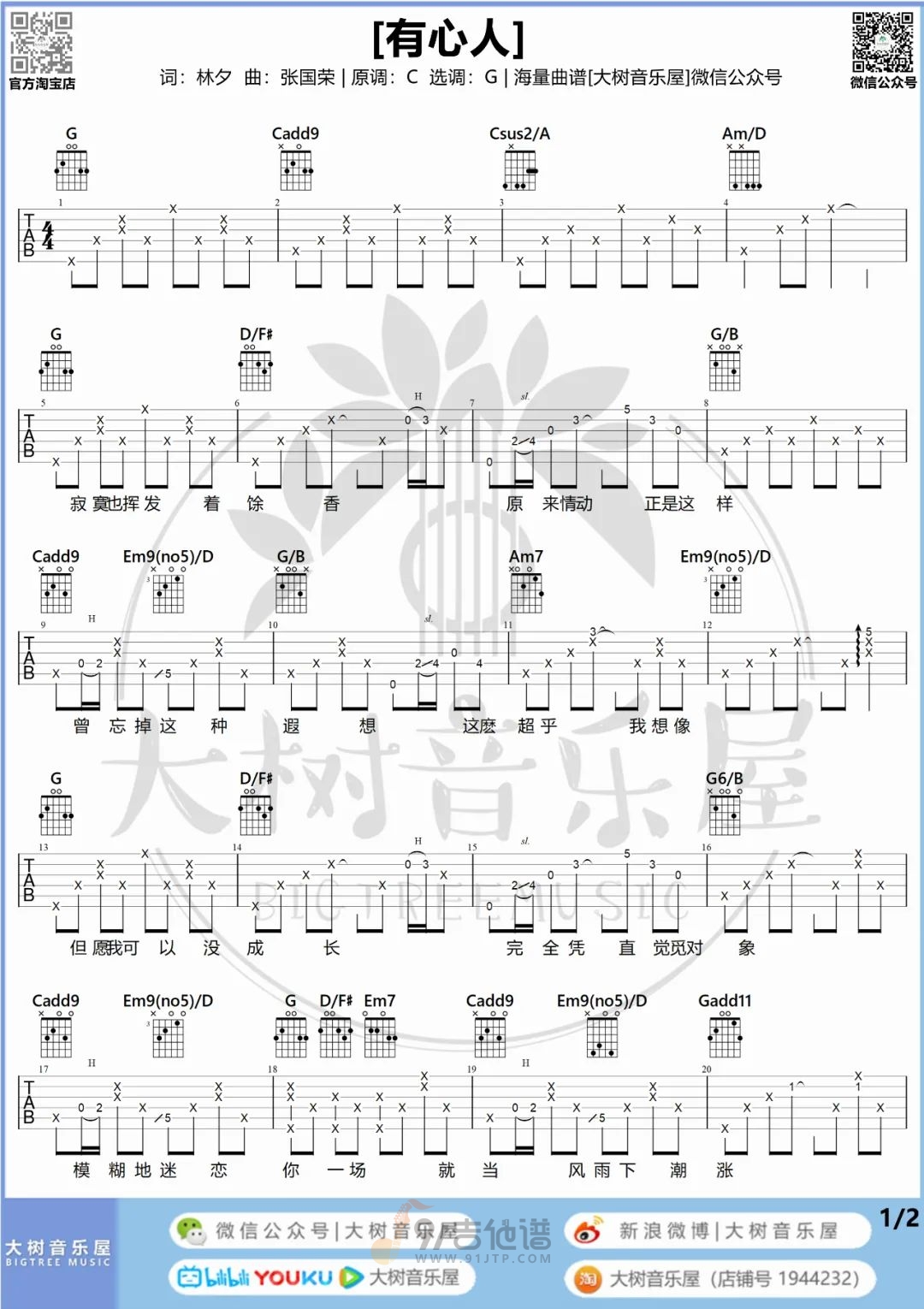 有心人吉他谱1-张国荣-G调指法