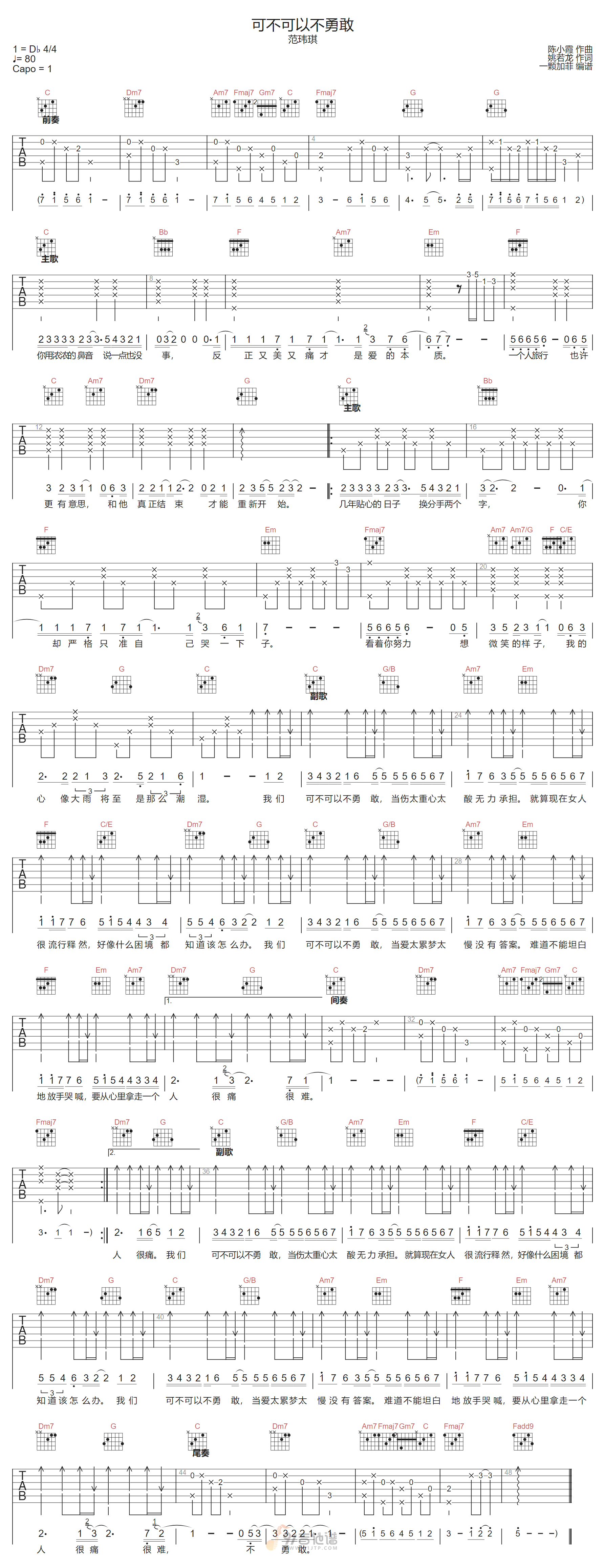 可不可以不勇敢吉他谱-范玮琪-C调指法