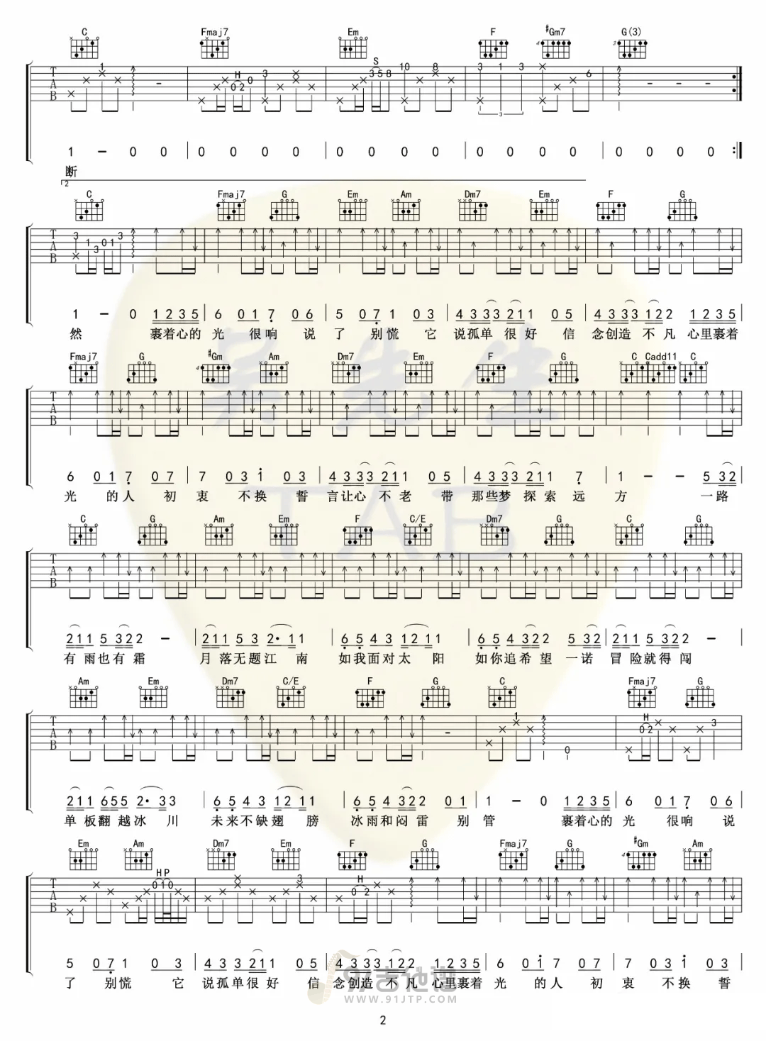 裹着心的光吉他谱2-林俊杰-C调指法