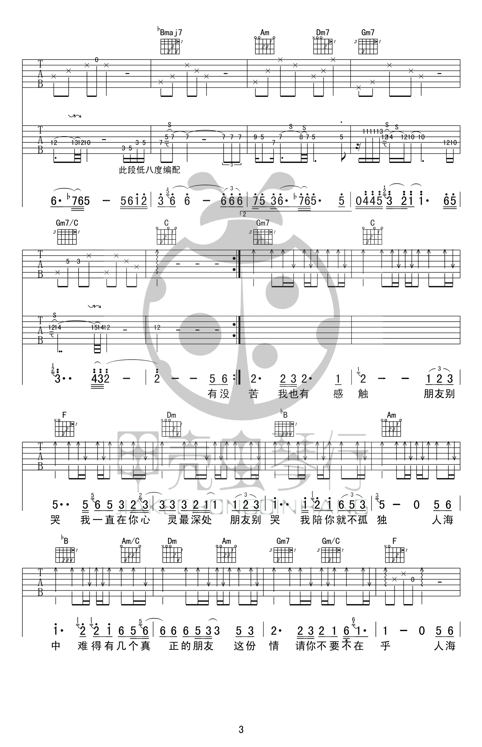 朋友别哭吉他谱3-吕方-F调指法