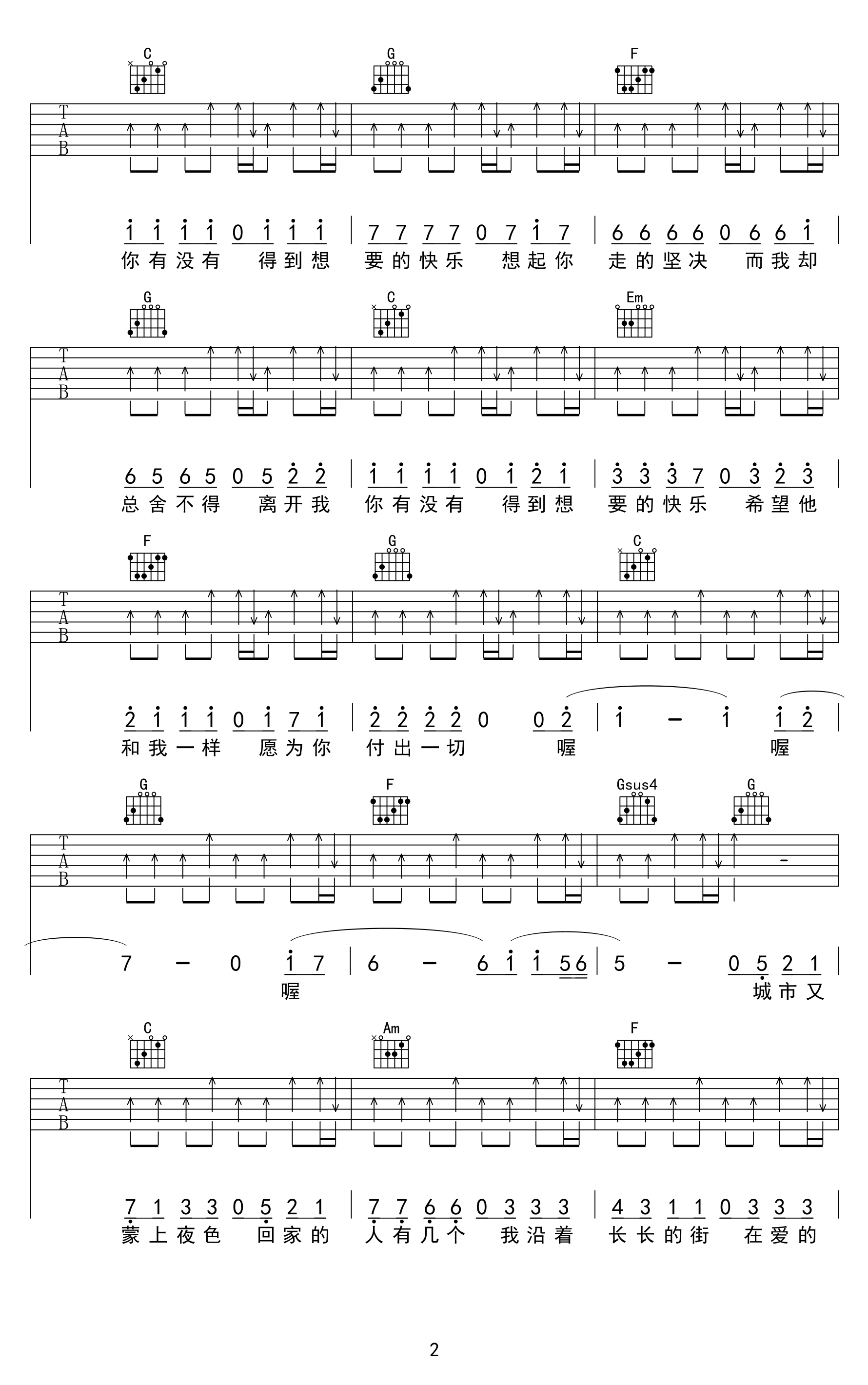 离开我你快乐吗吉他谱2-虎二-C调指法