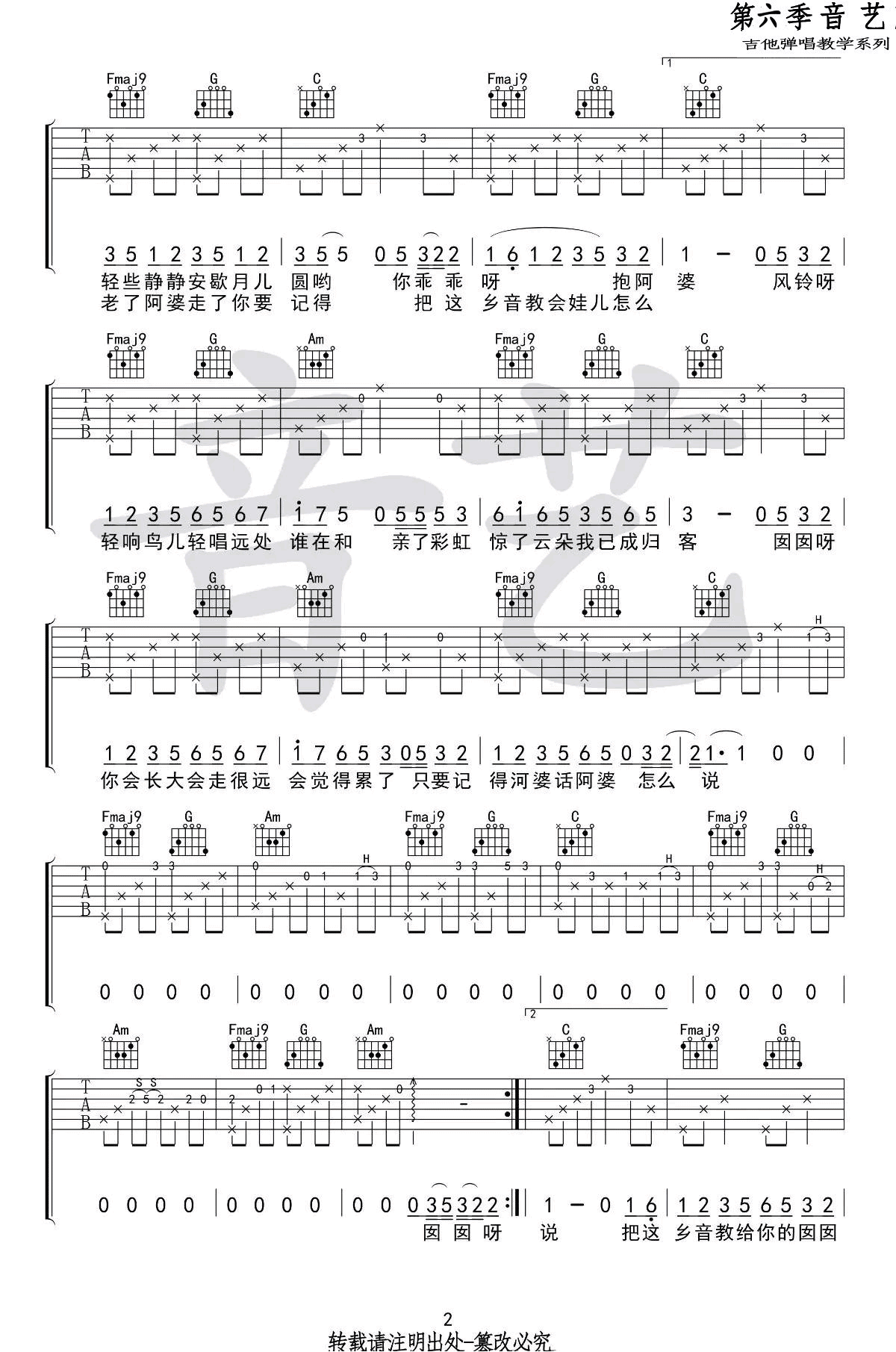 阿婆说吉他谱2-陈一发儿-C调指法