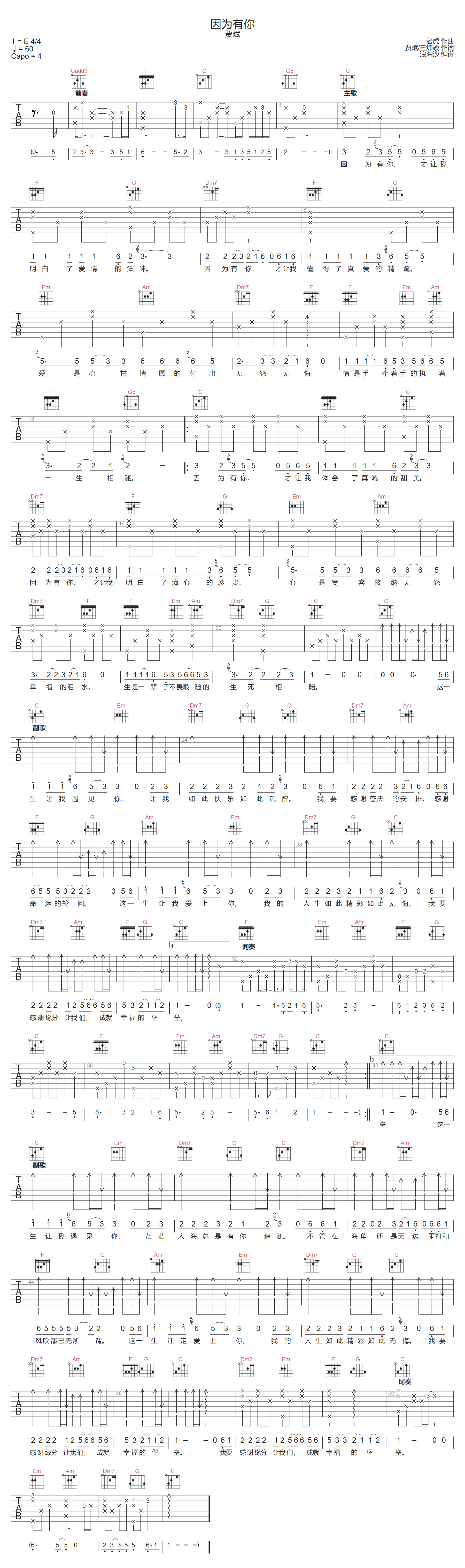 因为有你吉他谱-贾斌-C调指法