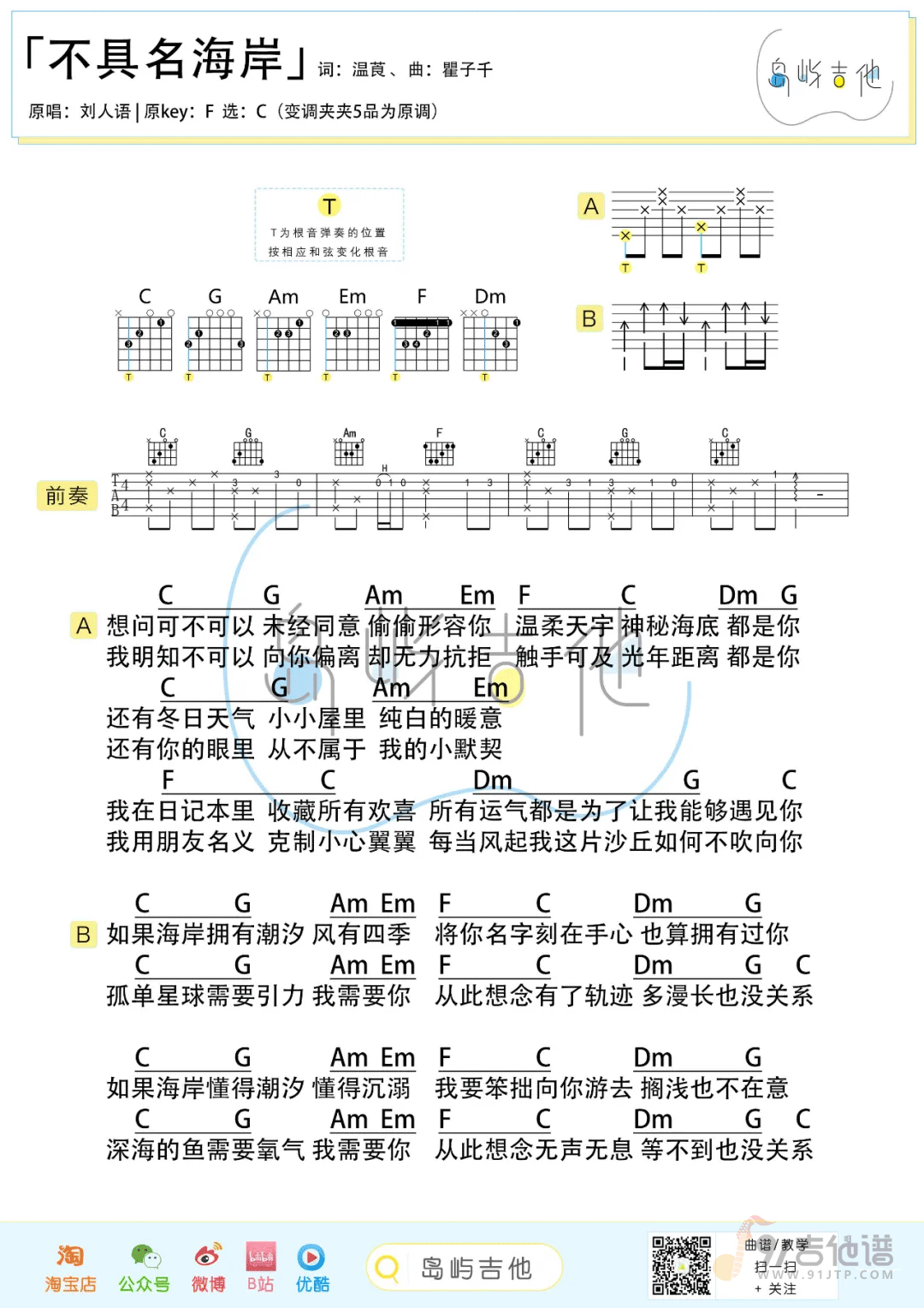 不具名海岸吉他谱2-刘人语-C调指法