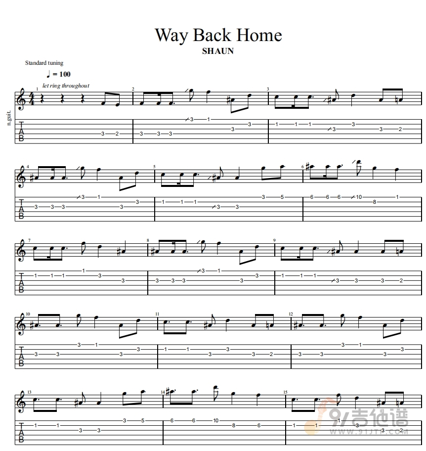 SHAUN《Way Back Home》电吉他谱