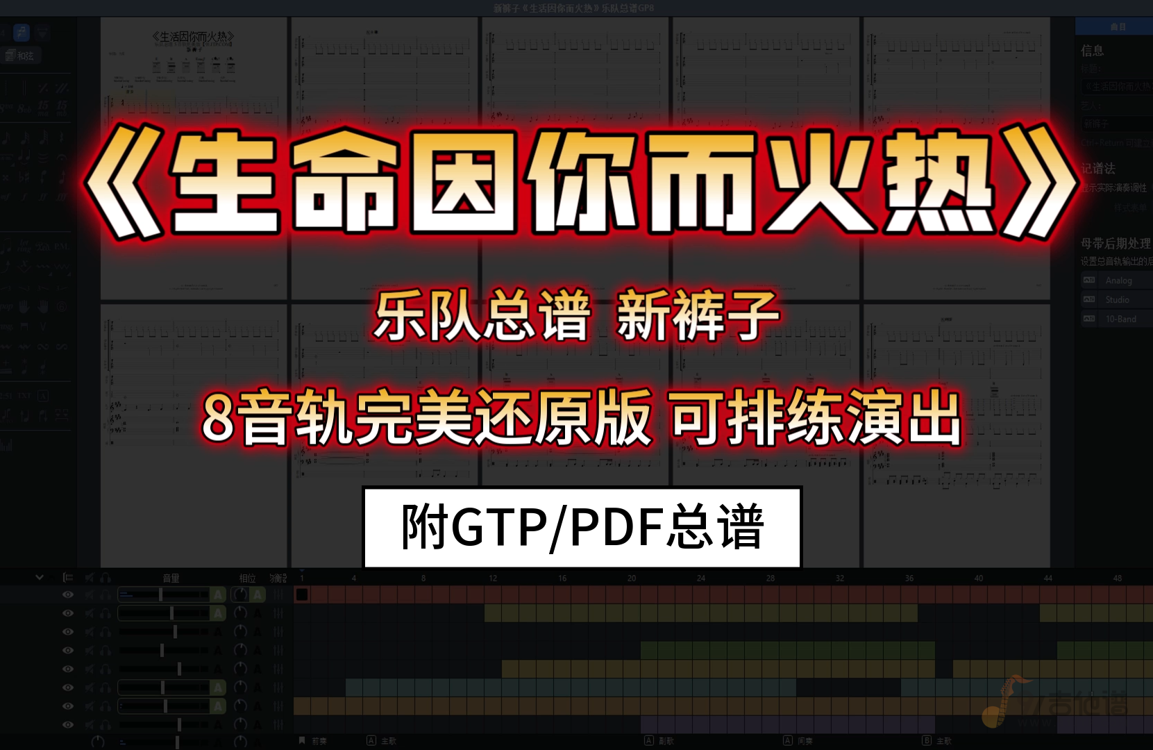 【VIP定制谱】新裤子《生活因你而火热》乐队总谱 8音轨完美还原版